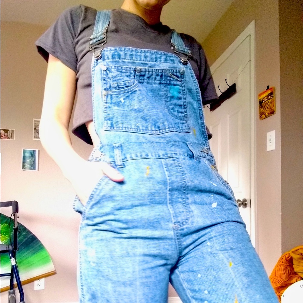 Paint Splattered Denim Blue Jean Overalls Bibs